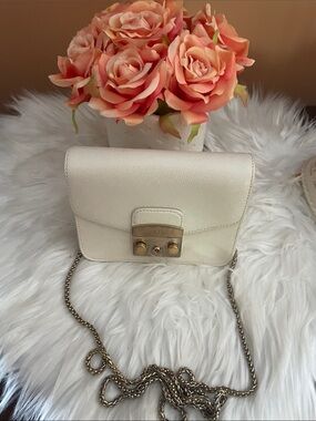 Furla Cream Leather Crossbody with Gold Chain Strap